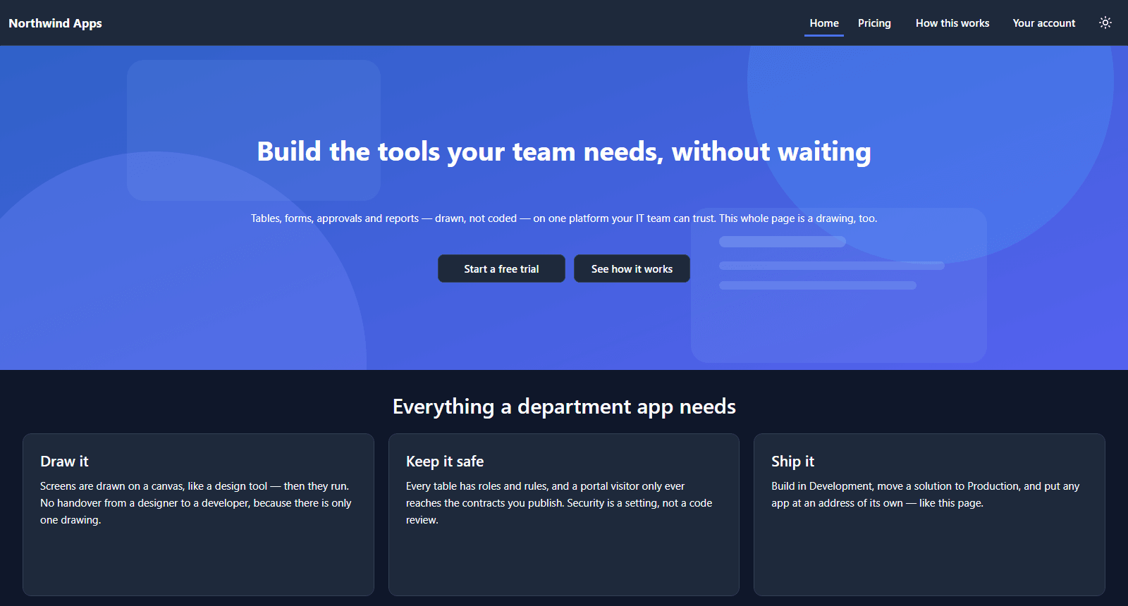 The Northwind Apps home page: a bar with Home, Pricing, How this works and Your account, a hero reading Build the tools your team needs, without waiting, and three feature cards