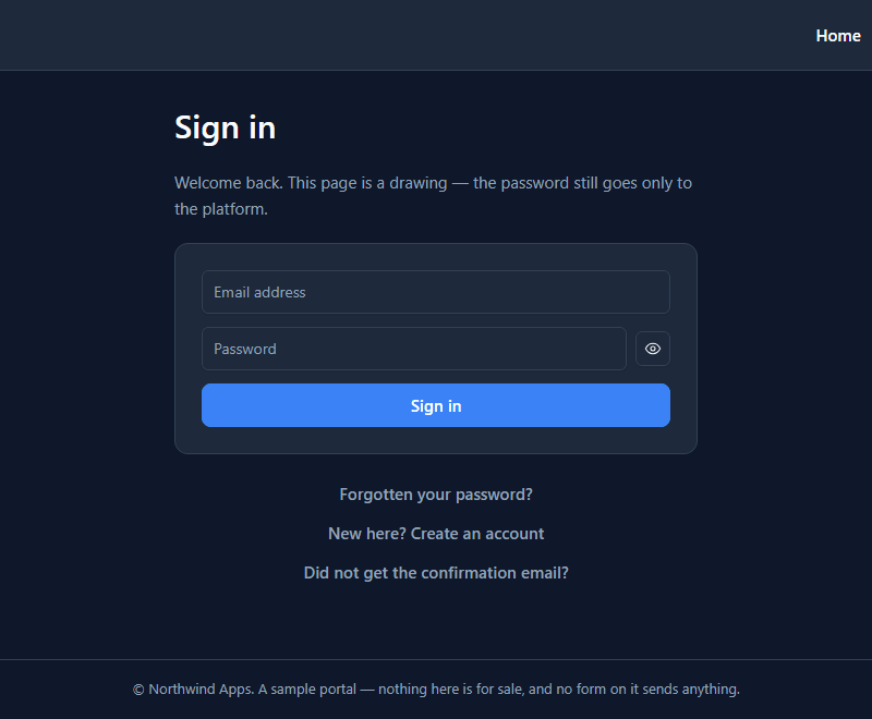 Sign in, at the Account address: Email address, Password, Sign in, and the links to reset a password, create an account and resend the confirmation email
