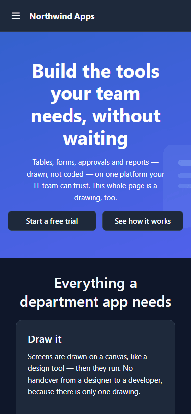 The same home page at phone width: a menu button and the site's name in the bar, the hero's words stacked, and the first feature card filling the width