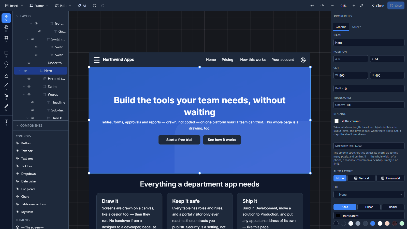 The designer with the Hero frame selected: the headline Build the tools your team needs, without waiting, a sentence, and two buttons over a blue picture; the layers list shows Hero picture, Scrim and Words inside Hero