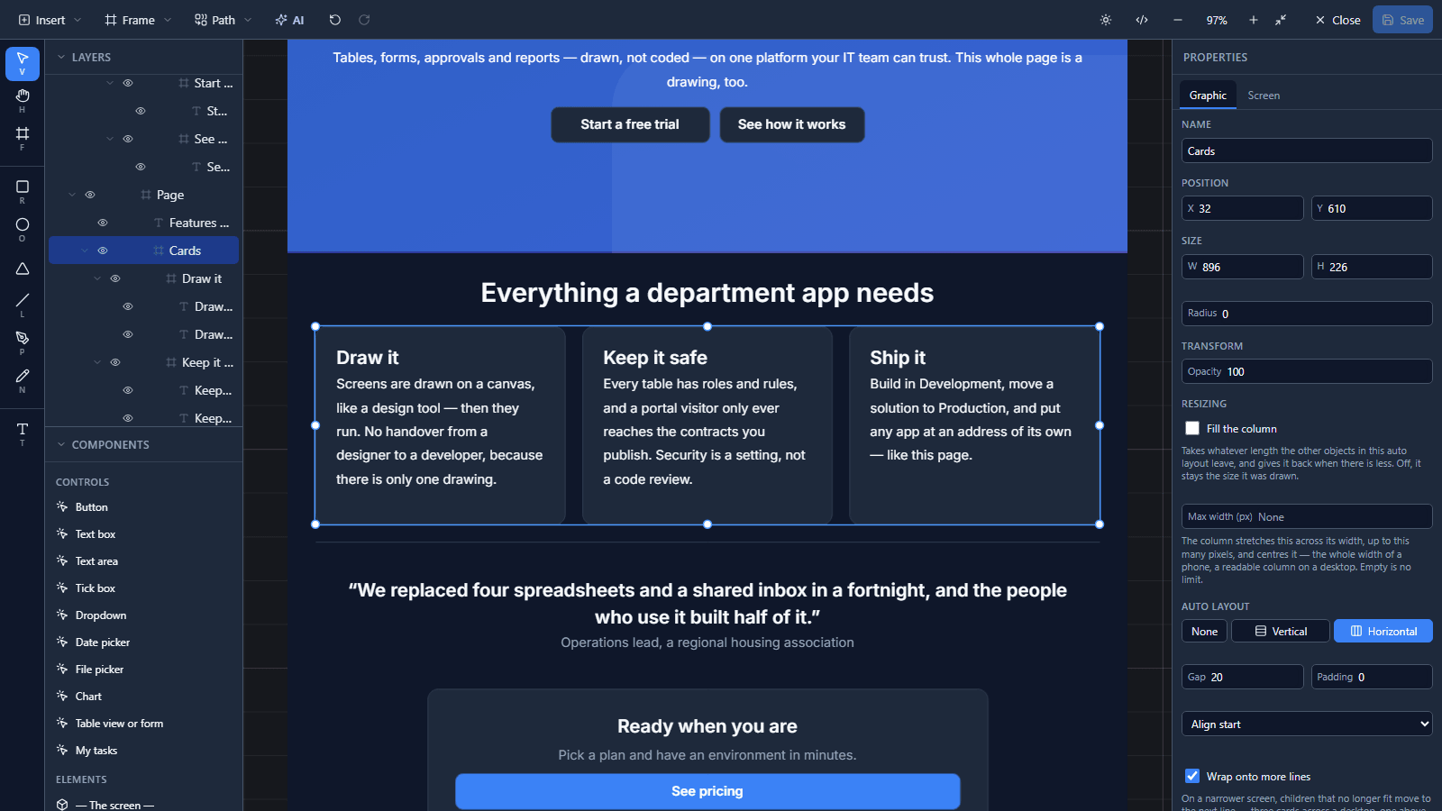 The band called Cards selected under the heading Everything a department app needs: Draw it, Keep it safe, Ship it