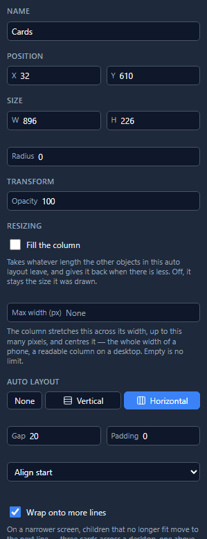 The band's properties: Auto layout Horizontal, gap 20, Align start, and Wrap onto more lines ticked