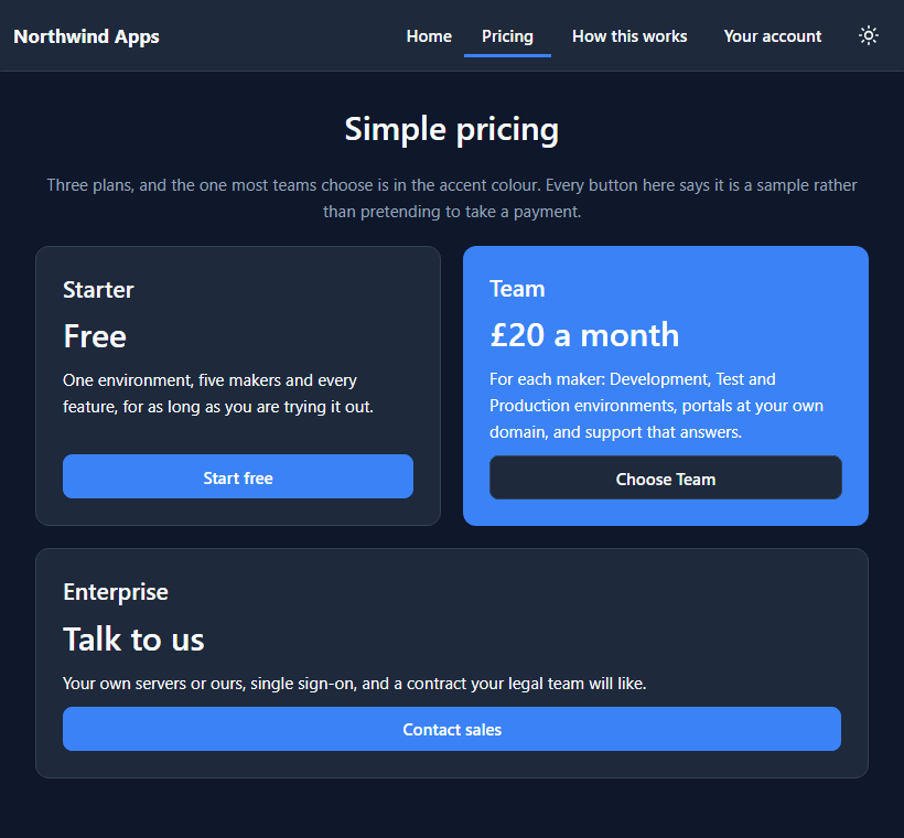 The pricing page at tablet width: Starter and Team side by side, Enterprise on a line of its own below them