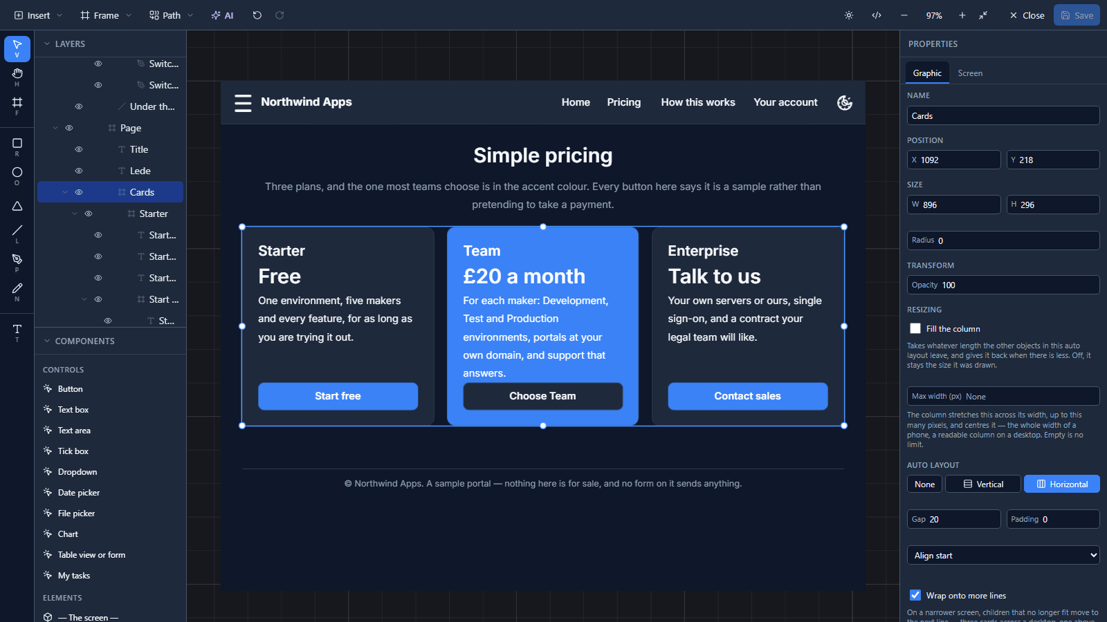 The pricing band selected in the designer: Starter, Team in the accent colour, and Enterprise, their buttons in one line
