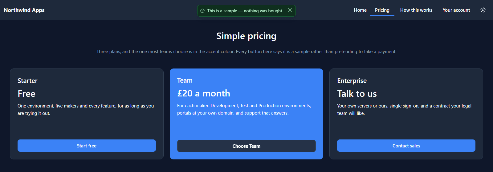 The pricing page live: Starter Free, Team £20 a month in the accent colour, Enterprise Talk to us, and the message This is a sample, nothing was bought
