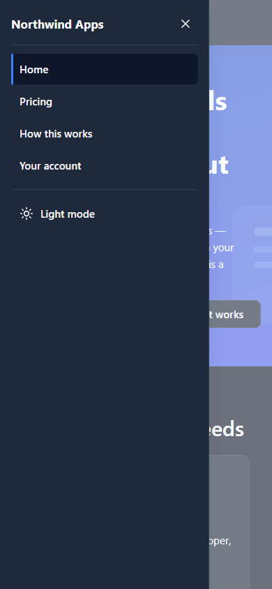 The menu drawer at phone width: Home marked, Pricing, How this works, Your account, and Light mode