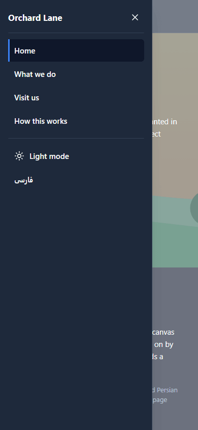 The menu at phone width: Home marked, What we do, Visit us, How this works, Light mode and فارسی