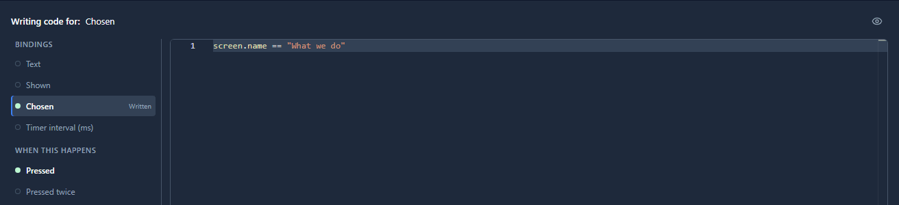 Writing code for: Chosen, on the What we do link: screen.name == "What we do"
