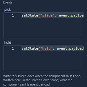 Events: pick runs setState("slide", event.payload), hold runs setState("held", event.payload)
