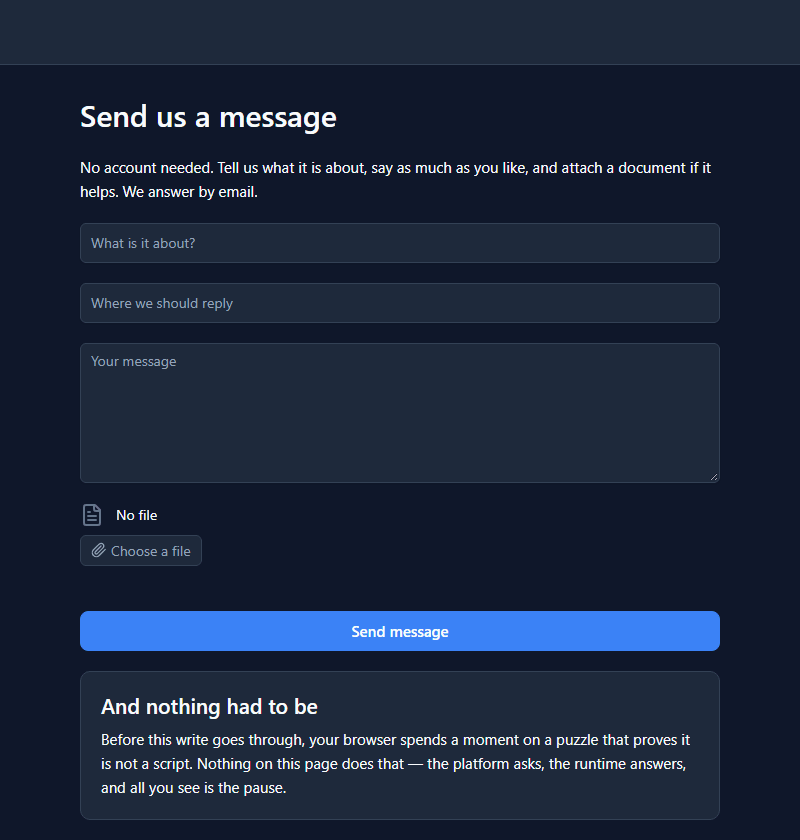Send us a message: What is it about?, Where we should reply, Your message, Choose a file, Send message, and a note: Nobody is signed in, and nobody has to be