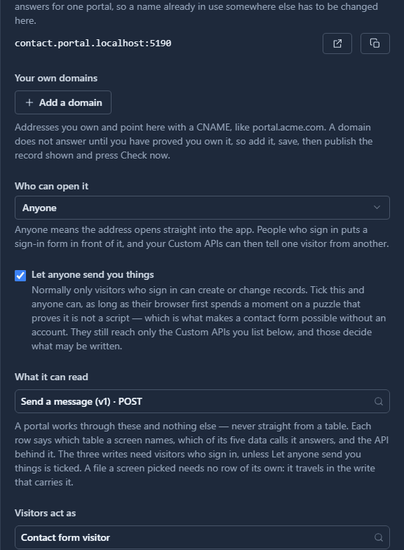 Edit portal: Contact us. Who can open it: Anyone. Let anyone send you things, ticked. What it can read: Send a message (v1), POST. Visitors act as: Contact form visitor.
