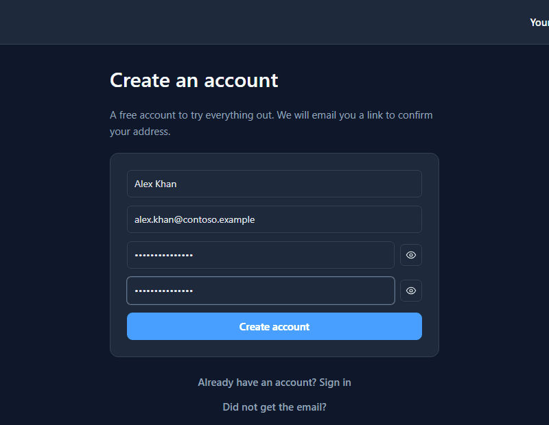 Create an account: Alex Khan, alex.khan@contoso.example, the password twice, Create account