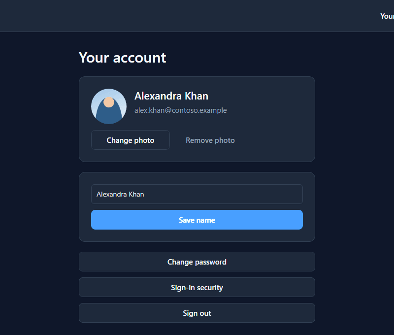 Your account: a photo, Alexandra Khan, alex.khan@contoso.example, Change photo, Remove photo, the name box with Save name, Change password, Sign-in security, Sign out