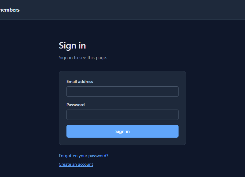 The platform's own sign-in page: Northwind members, Sign in, Sign in to see this page, Email address, Password, Sign in, Forgotten your password?, Create an account