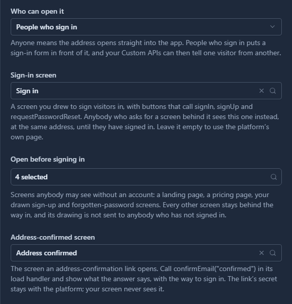 Who can open it: People who sign in. Sign-in screen: Sign in. Open before signing in: 4 selected. Address-confirmed screen: Address confirmed.