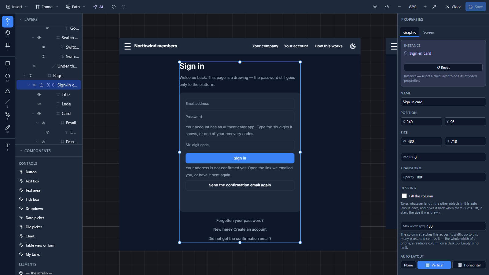 The Studio designer with the Sign in screen open and the Sign-in card selected: the title, the lede, the email, password and code boxes, the Sign in button, the not-confirmed text and the resend button, and the links under the card