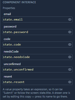 Component interface, Properties: email state.email, password state.password, code state.code, needsCode state.needsCode, unconfirmed state.unconfirmed, resent state.resent