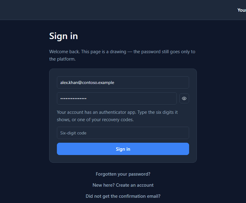 Sign in with the address and password filled in, and: Your account has an authenticator app. Type the six digits it shows, or one of your recovery codes. Six-digit code