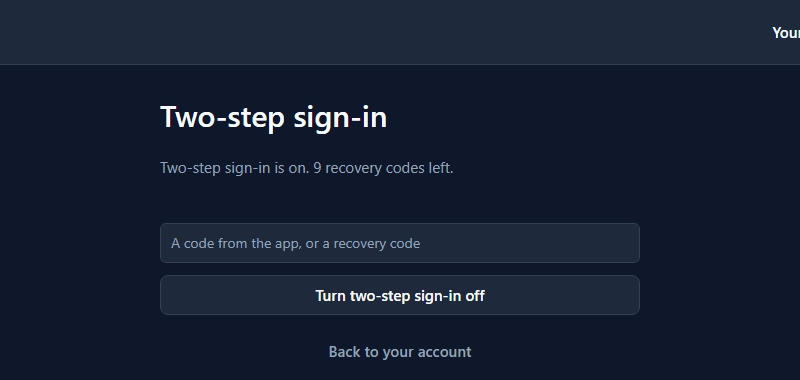 Two-step sign-in is on. 9 recovery codes left. Turn two-step sign-in off
