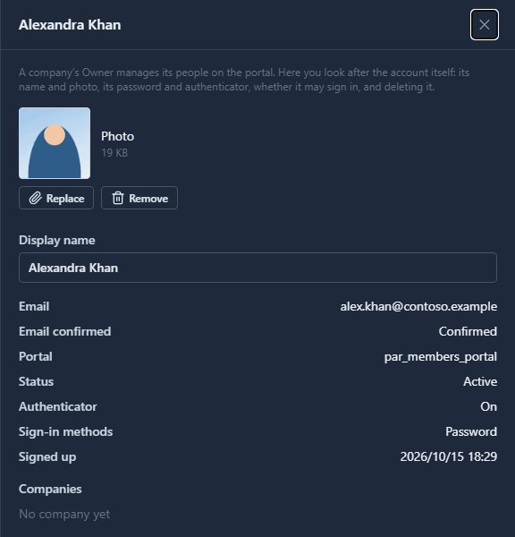 Alexandra Khan in Portal users: photo, display name, email, Email confirmed: Confirmed, Status: Active, Authenticator: On, Sign-in methods: Password