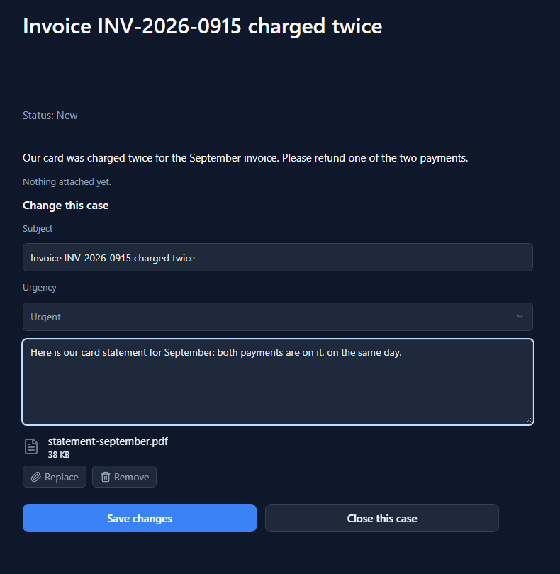 The same form with Urgency Urgent, the note Here is our card statement for September: both payments are on it, on the same day, and statement-september.pdf, 38 KB, with Replace and Remove