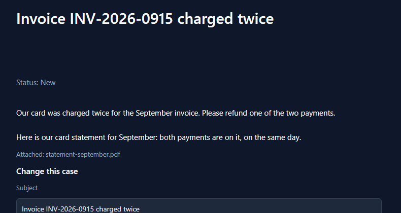 After saving: the original detail, then the new note below it, and Attached: statement-september.pdf