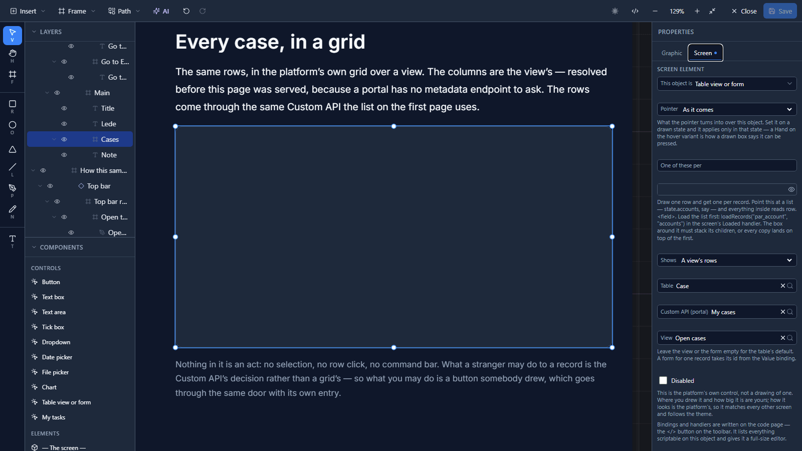 The Studio designer with the Every case screen: the grid drawn as an empty box under the heading, selected, and its Screen tab on the right showing Shows A view's rows, Table Case, Custom API (portal) My cases and View Open cases