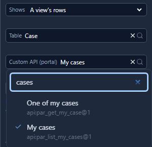 The Custom API picker with cases typed in its search box, offering One of my cases (api:par_get_my_case@1) and My cases (api:par_list_my_cases@1), ticked