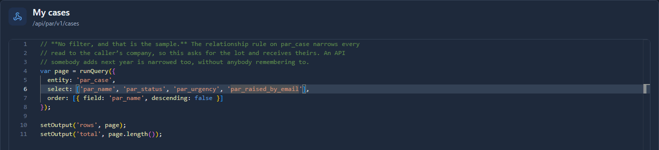 The Custom API's script, with select: par_name, par_status, par_urgency and par_raised_by_email