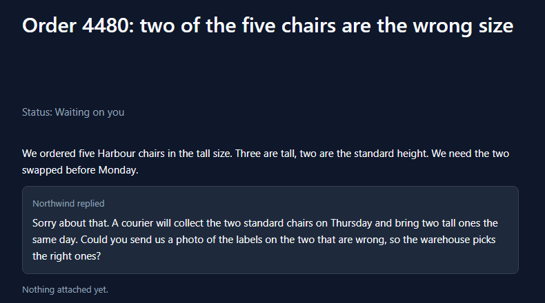 The case on the portal: Status Waiting on you, what Avery wrote, then a box headed Northwind replied with the team's answer, and Nothing attached yet