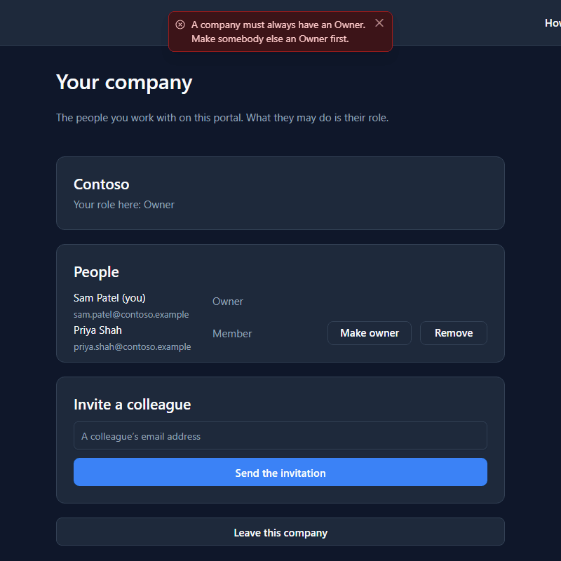 The Your company page with the message A company must always have an Owner. Make somebody else an Owner first., Contoso, Your role here: Owner, People: Sam Patel (you) Owner and Priya Shah Member with Make owner and Remove, Invite a colleague, and Leave this company