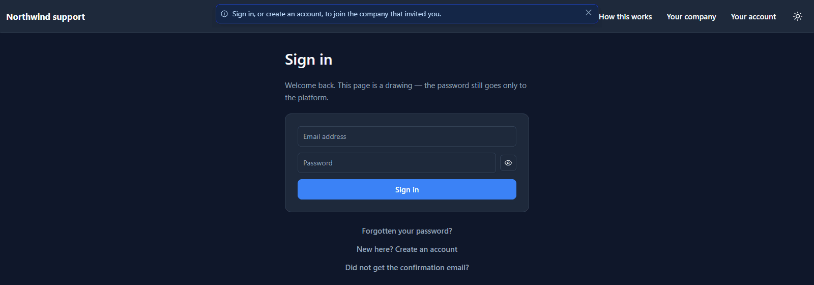 The portal's sign-in page with a banner: Sign in, or create an account, to join the company that invited you.
