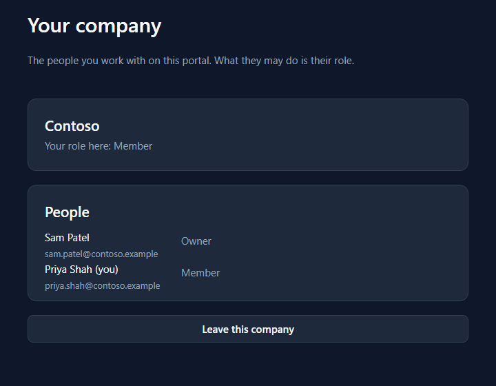 Priya's Your company page: Contoso, Your role here: Member, People: Sam Patel Owner and Priya Shah (you) Member, and Leave this company, with no Invite a colleague