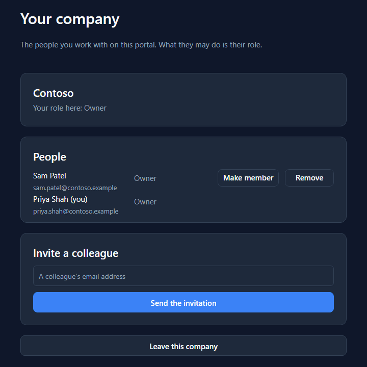 Priya's Your company page: Your role here: Owner, People: Sam Patel Owner with Make member and Remove, Priya Shah (you) Owner, and Invite a colleague
