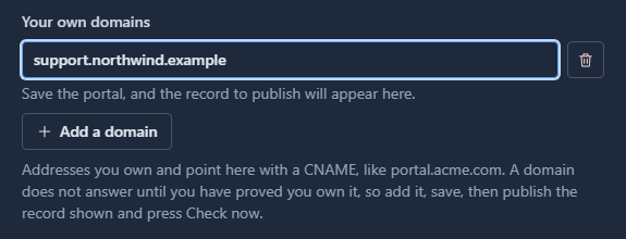 Your own domains: support.northwind.example typed into the box, with the hint Save the portal, and the record to publish will appear here, an Add a domain button, and the explanation that a domain does not answer until you have proved you own it