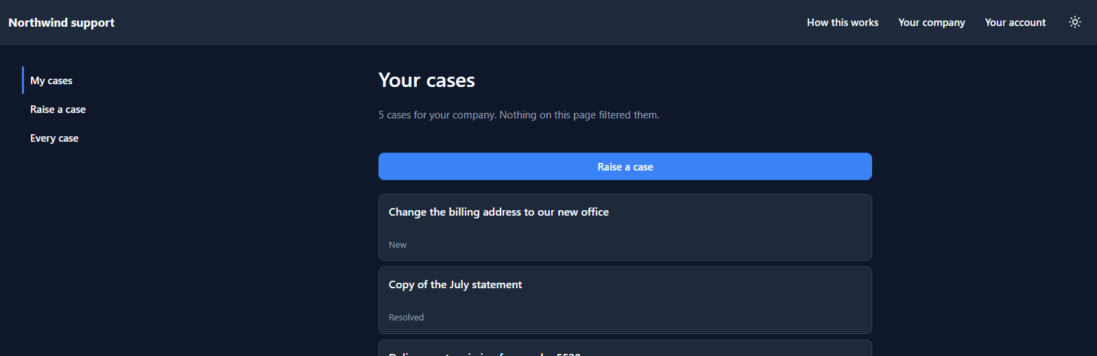 The Northwind support portal at support.northwind.example, signed in as Sam Patel: Your cases, 5 cases for your company, from Change the billing address to our new office to Pallet 3 of order 5498 arrived damaged