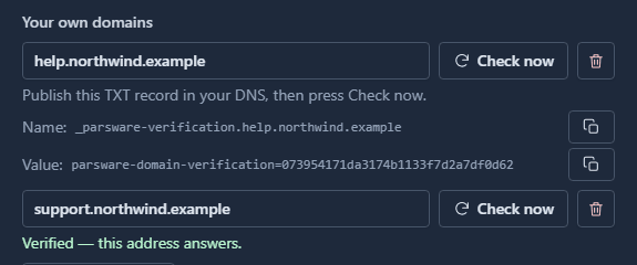 Your own domains: help.northwind.example with its own TXT record name and value waiting to be published, and support.northwind.example, Verified, this address answers