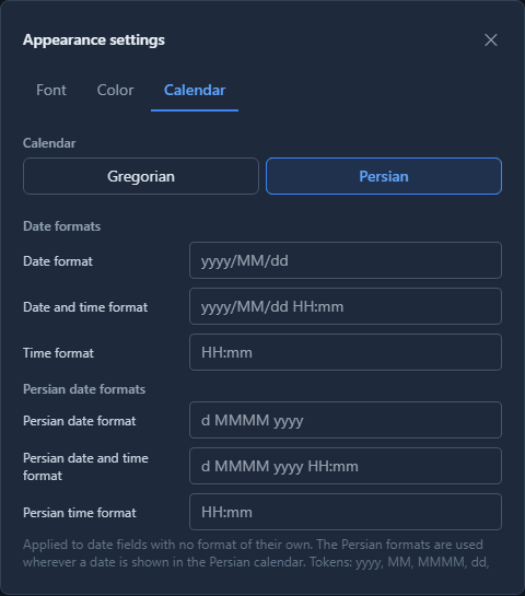 Appearance settings, Calendar tab: Calendar, Gregorian or Persian (Persian selected); Date formats: Date format, Date and time format, Time format; Persian date formats: Persian date format, Persian date and time format, Persian time format; and a hint listing the tokens yyyy, MM, MMMM, dd, HH, mm, ss