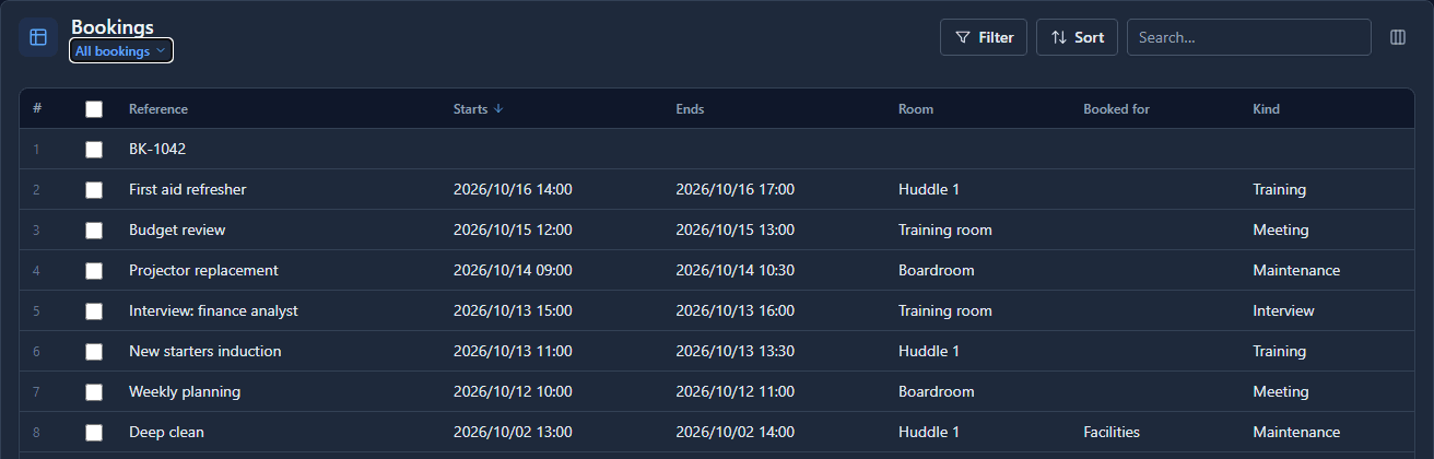 All bookings: Starts and Ends as 2026/10/16 14:00, 2026/10/15 12:00 and so on