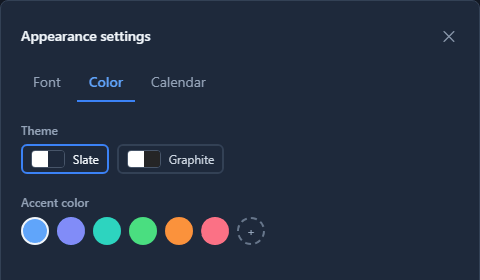 Appearance settings, Color tab: Theme, Slate (selected) or Graphite; Accent color, six round swatches from blue to rose, and a plus for a custom colour