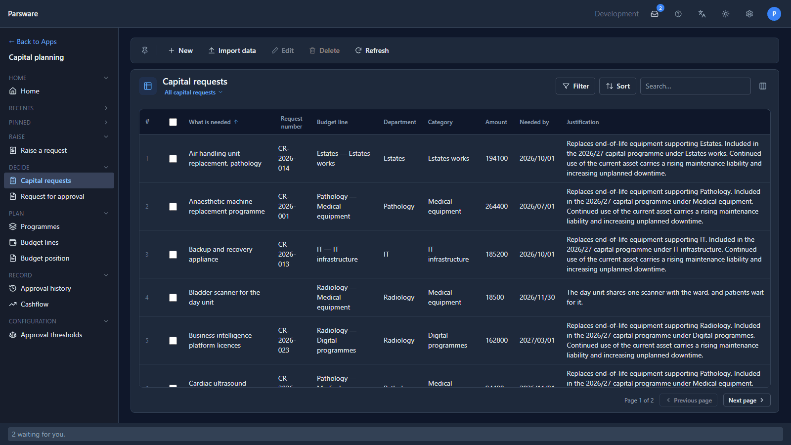 The Capital requests view in dark mode, Slate theme, blue accent: the selected navigation item, the view switcher and links in blue