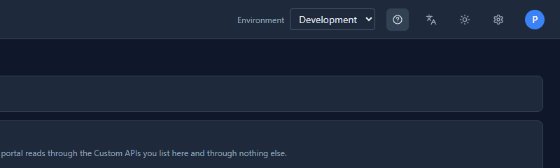 The top bar of the maker portal: Environment Development, the Help button highlighted, then the language menu, the dark and light switch, the settings gear and the user avatar