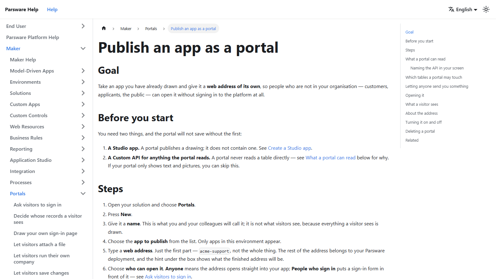 The help page Publish an app as a portal in English: Goal, Before you start, and the steps, with the maker section's navigation on the left and the page's contents on the right