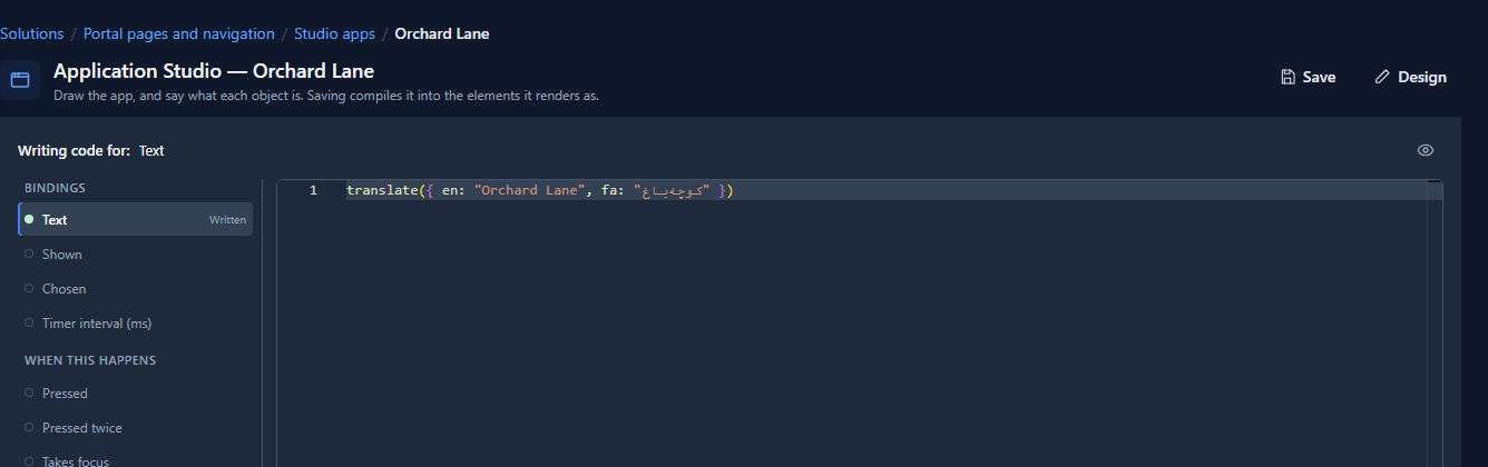 The Studio designer's code page for the Orchard Lane heading: the Text binding reads translate({ en: "Orchard Lane", fa: "کوچه‌باغ" })