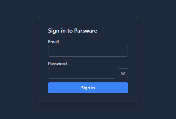 The Shell's sign-in page: Sign in to Parsware, with Email and Password and a Sign in button, and the language and theme switches in the corner