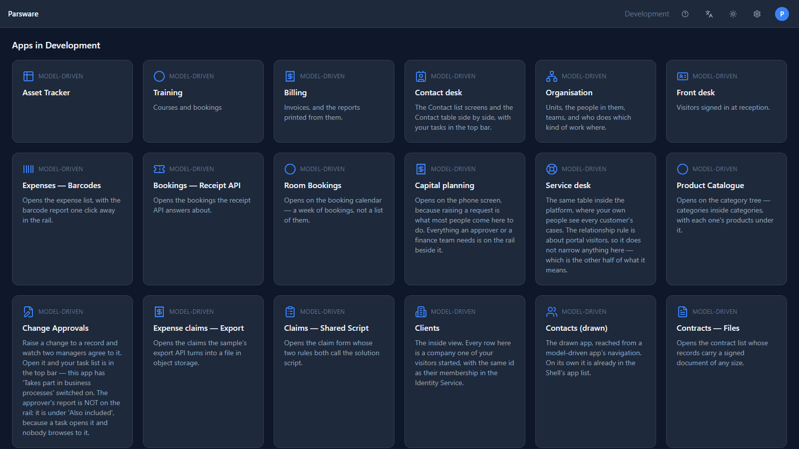 The Shell home page, Apps in Development, with a grid of model-driven app tiles such as Asset Tracker, Billing, Capital planning and Service desk, each with its description