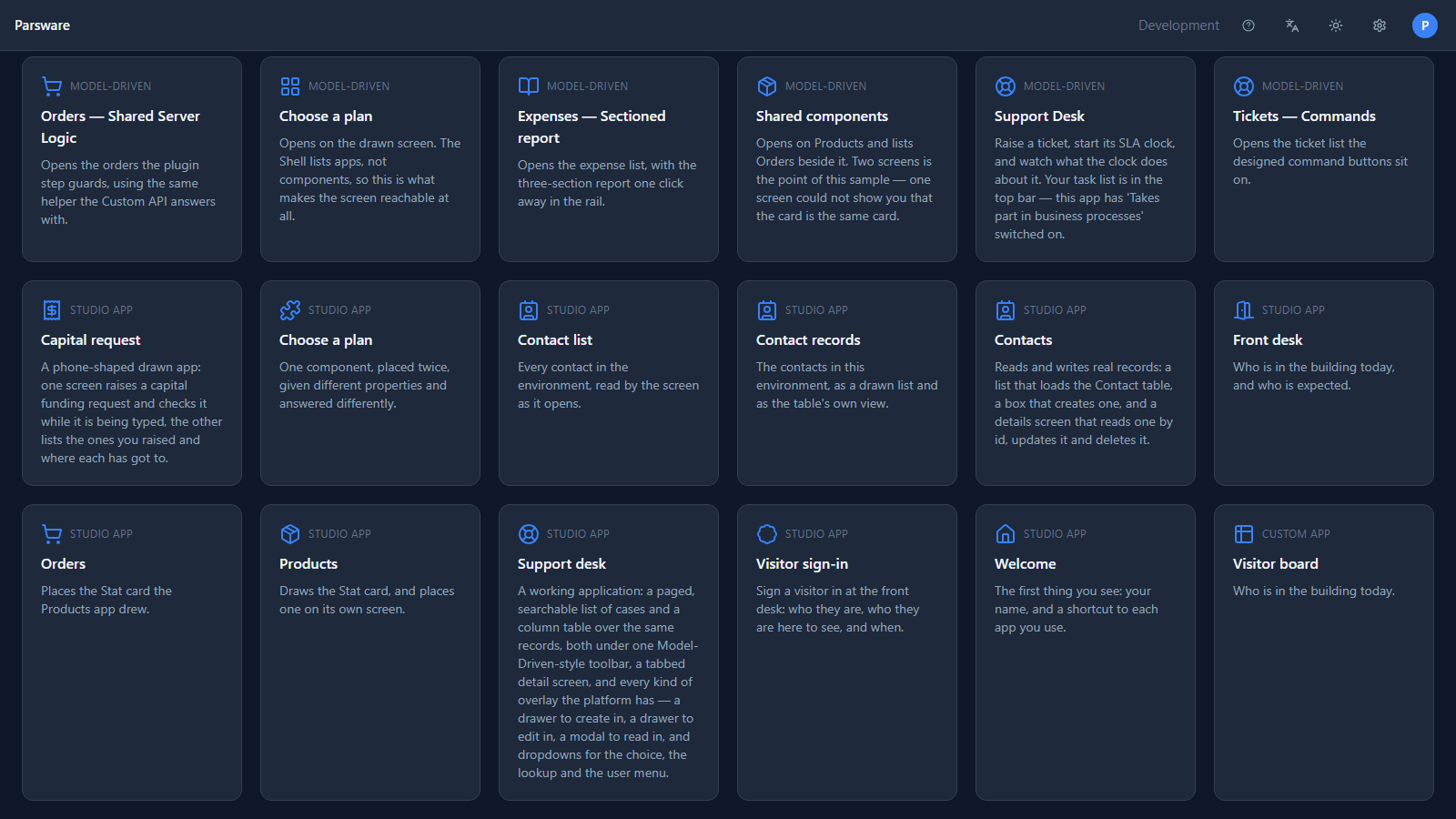 The bottom of the home page: tiles marked Studio app (Capital request, Contacts, Front desk, Orders, Products, Support desk, Visitor sign-in, Welcome) and one marked Custom app, Visitor board