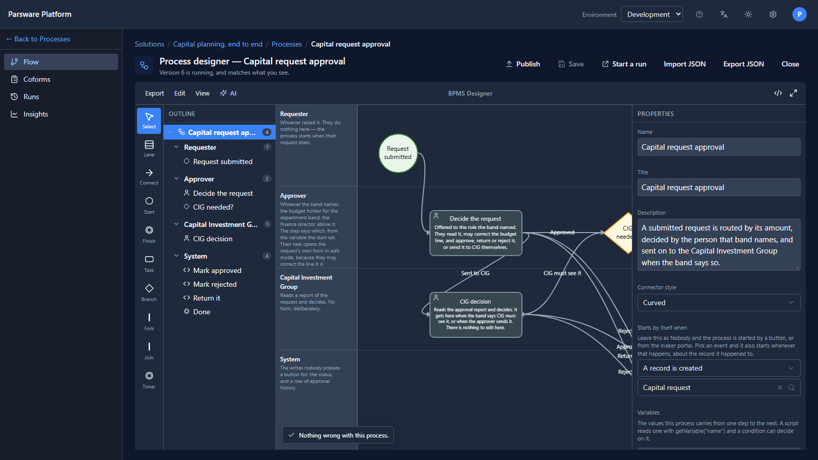 The Capital request approval process in the designer: lanes for Requester, Approver, Capital Investment Group and System, with Request submitted, Decide the request, CIG needed? and CIG decision connected by labelled arrows, and the outline on the left
