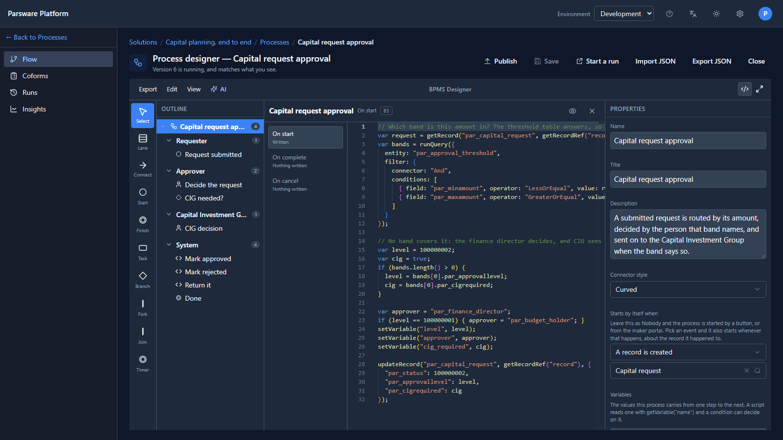 The process designer's code page for On start: a BS Lang script that reads the approval threshold table and sets the approver, with On complete and On cancel listed beside it