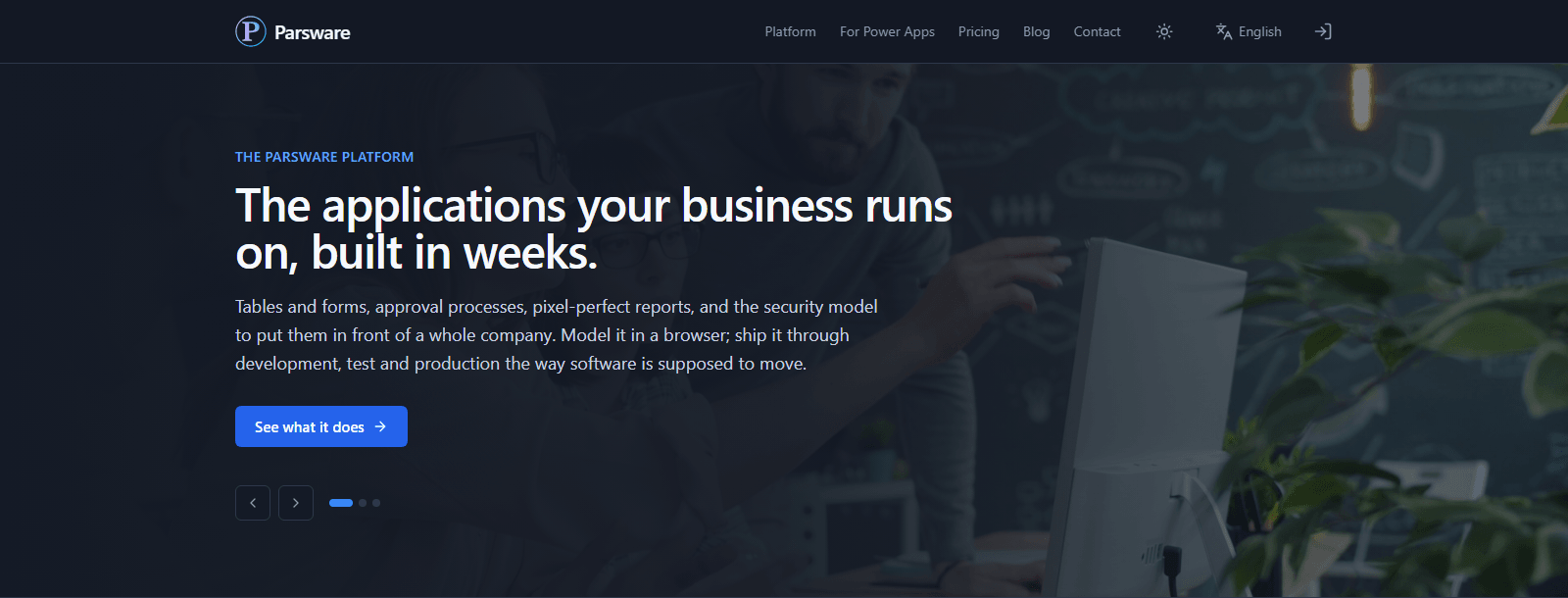 The parsware.com home page: The applications your business runs on, built in weeks, with Platform, For Power Apps, Pricing, Blog and Contact in the menu